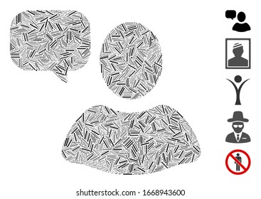 Dash Mosaic basierend auf dem Meinungs-Icon des Benutzers. Die Mosaik-Vektorillustration-Benutzermeinung besteht aus randomisierten Bindestrichen. Bonussymbole werden hinzugefügt.