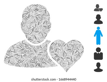 Dash Mosaic based on user favourites heart icon. Mosaic vector user favourites heart is created with scattered dash dots. Bonus icons are added.