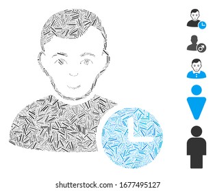 Dash Mosaic based on user time icon. Mosaic vector user time is created with randomized dash elements. Bonus icons are added.