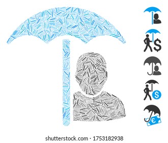 Dash Mosaic based on user protection umbrella icon. Mosaic vector user protection umbrella is created with random dash elements. Bonus icons are added.