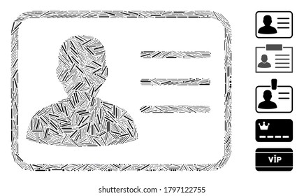 Dash Mosaic based on user card icon. Mosaic vector user card is composed with random dash elements. Bonus icons are added.