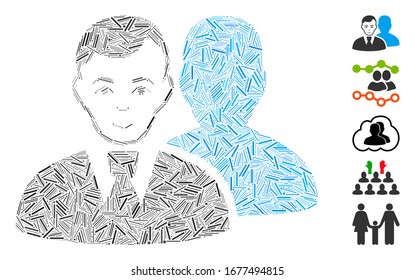 Dash Mosaic based on users icon. Mosaic vector users is formed with randomized dash elements. Bonus icons are added.