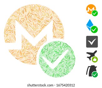 Dash Mosaic based on valid Monero icon. Mosaic vector valid Monero is composed with randomized dash spots. Bonus icons are added.