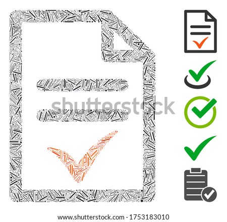 Dash Mosaic based on valid document icon. Mosaic vector valid document is formed with scattered dash dots. Bonus icons are added.