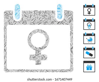 Dash Mosaic based on Venus female symbol calendar day icon. Mosaic vector Venus female symbol calendar day is created with scattered dash spots. Bonus icons are added.