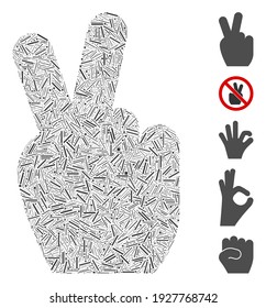 Dash Mosaic basado en el icono del gesto de la victoria. El gesto de victoria del vector mosaico se forma con puntos de escotilla dispersos. Se agregan iconos de bonificación.