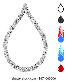 Dash Mosaik basierend auf Wassertropfsymbol. Der Wassertropfen der Vektorillustration wird mit randomisierten Bindemitteln gebildet. Bonussymbole werden hinzugefügt.