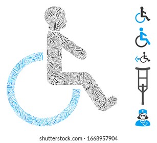 Dash Mosaic based on wheelchair icon. Mosaic vector wheelchair is designed with randomized dash items. Bonus icons are added.