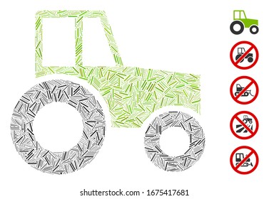 Dash Mosaic based on wheeled tractor icon. Mosaic vector wheeled tractor is created with scattered hatch elements. Bonus icons are added.