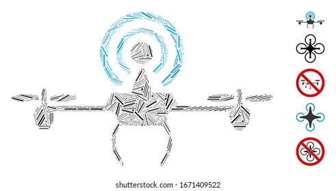 Dash Mosaic based on WiFi repeater drone icon. Mosaic vector WiFi repeater drone is created with randomized dash elements. Bonus icons are added.