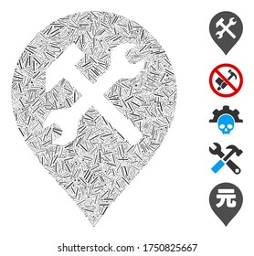 Dash Mosaic based on workshop map marker icon. Mosaic vector workshop map marker is formed with scattered dash elements. Bonus icons are added.