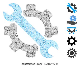 Dash Mosaic based on wrench and gear setup tools icon. Mosaic vector wrench and gear setup tools is composed with randomized dash spots. Bonus icons are added.