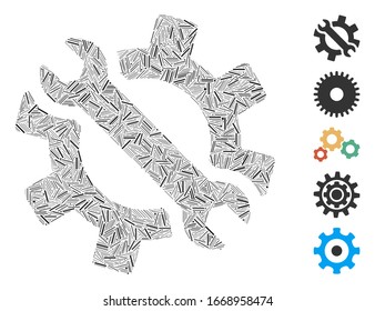 Dash Mosaic based on wrench and gear tools icon. Mosaic vector wrench and gear tools is composed with randomized dash dots. Bonus icons are added.