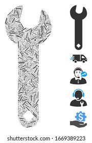 Dash Mosaic based on wrench icon. Mosaic vector wrench is composed with scattered dash dots. Bonus icons are added.
