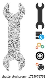 Dash Mosaic based on wrench icon. Mosaic vector wrench is formed with scattered dash dots. Bonus icons are added.