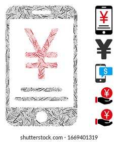 Dash Mosaic based on yen mobile payment icon. Mosaic vector yen mobile payment is formed with random dash spots. Bonus icons are added.