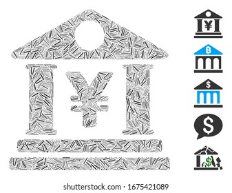 Dash Mosaic based on yen bank building icon. Mosaic vector yen bank building is composed with random dash spots. Bonus icons are added.
