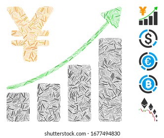 Dash Mosaic based on yen growth graph icon. Mosaic vector yen growth graph is designed with randomized dash dots. Bonus icons are added.