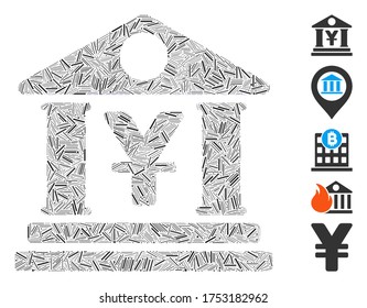 Dash Mosaic based on yen bank building icon. Mosaic vector yen bank building is formed with scattered dash items. Bonus icons are added.