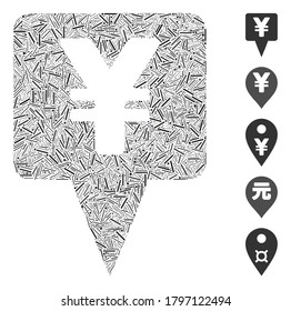 Dash Mosaic basierend auf Yen Map Zeiger Symbol. Mosaik Vektor Yen-Karte Zeiger ist mit randomisierten Bindestrichen gebildet. Bonussymbole werden hinzugefügt.