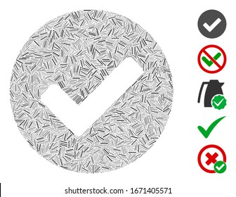 Dash Mosaic based on yes tick icon. Mosaic vector yes tick is composed with scattered dash spots. Bonus icons are added.