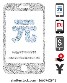 Dash Mosaic based on yuan mobile payment icon. Mosaic vector yuan mobile payment is created with random dash dots. Bonus icons are added.