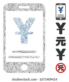 Dash Mosaic basiert auf Ihrem mobilen Zahlungssymbol. Mosaik Vektorillustration yuan mobile Zahlung besteht aus randomisierten Dash-Elementen. Bonussymbole werden hinzugefügt.