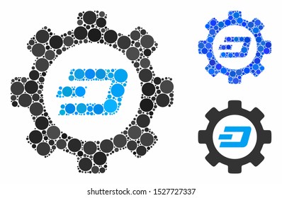 Dash options gear mosaic of filled circles in various sizes and color tones, based on Dash options gear icon. Vector filled circles are united into blue mosaic.