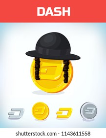 dash in Orthodox jewish hat. dash. Digital currency. Crypto currency. Money and finance symbol. Miner bit coin criptocurrency. Virtual money concept. Cartoon Vector illustration.