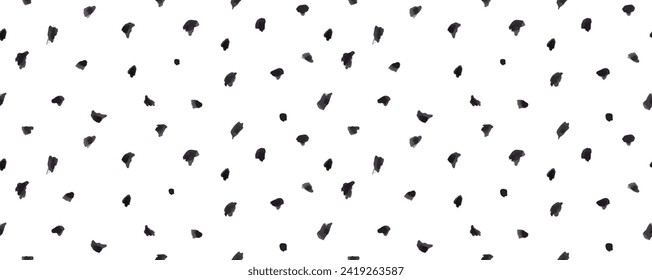 Dash pattern on white background. Wrapping paper with small black dots painted with a brush. Seamless simple minimal ornament. Abstract geometric grunge vector texture painted by ink.