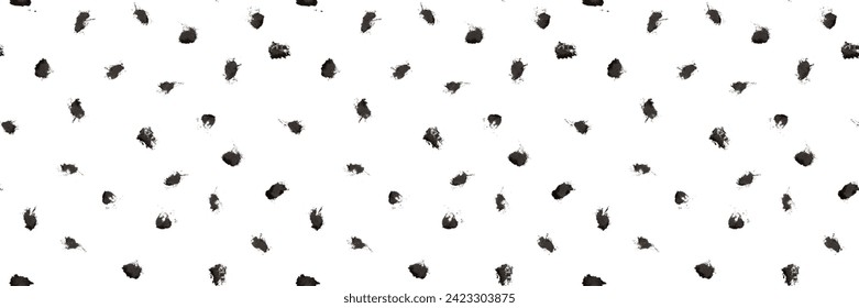 Dash pattern on yellow background. Wrapping paper with small black dots painted with a brush. Seamless simple minimal ornament. Abstract geometric grunge vector texture painted by ink