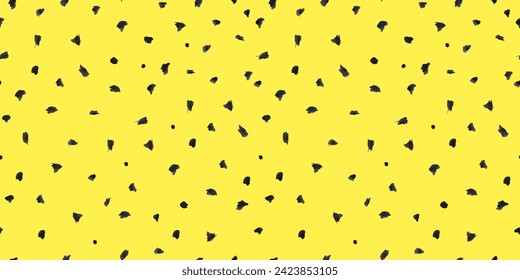 Dash pattern on yellow background. Wrapping paper with small black dots painted with a brush. Seamless simple minimal ornament. Abstract geometric grunge vector texture painted by ink