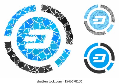 Dash pie chart composition of tremulant parts in variable sizes and color tinges, based on Dash pie chart icon. Vector inequal parts are combined into collage.