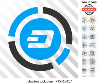 Dash Pie Chart icon with 7 hundred bonus bitcoin mining and blockchain symbols. Vector illustration style is flat iconic symbols designed for crypto-currency apps.