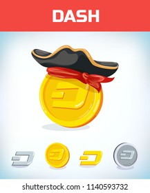 dash in pirate hat. dash. Digital currency. Crypto currency. Money and finance symbol. Miner bit coin criptocurrency. Virtual money concept. Cartoon Vector illustration.