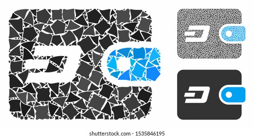 Dash pouch composition of inequal items in various sizes and color tones, based on Dash pouch icon. Vector inequal items are grouped into collage. Dash pouch icons collage with dotted pattern.