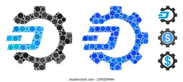 Dash process gear composition of filled circles in different sizes and color hues, based on Dash process gear icon. Vector filled circles are composed into blue composition.