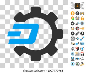 Dash Process Gear pictograph with bonus bitcoin mining and blockchain pictures. Vector illustration style is flat iconic symbols. Designed for bitcoin apps.