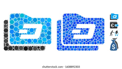 Dash purse composition of circle elements in various sizes and color tinges, based on Dash purse icon. Vector circle elements are combined into blue mosaic.