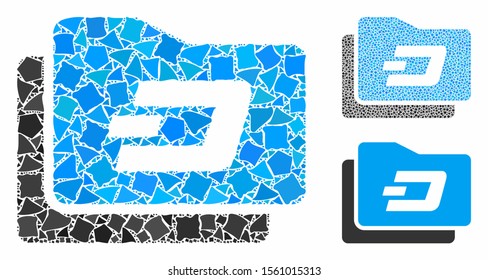 Dash purse composition of rough items in various sizes and color tinges, based on Dash purse icon. Vector tremulant items are composed into collage. Dash purse icons collage with dotted pattern.
