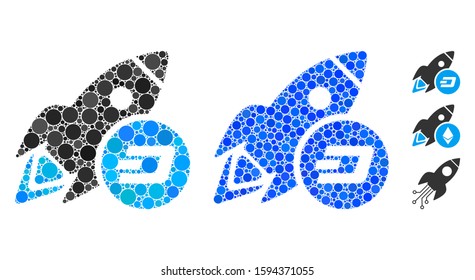 Dash rocket mosaic of filled circles in variable sizes and color tones, based on Dash rocket icon. Vector small circles are united into blue mosaic. Dotted Dash rocket icon in usual and blue versions.