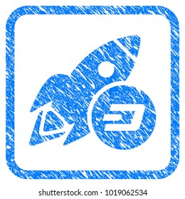 Dash Rocket rubber seal stamp imitation. Icon vector symbol with grunge design and dust texture in rounded frame. Scratched blue stamp imitation on a white background.