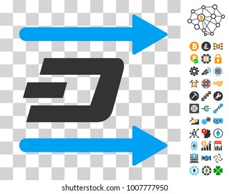 Dash Send Arrows icon with bonus bitcoin mining and blockchain pictograms. Vector illustration style is flat iconic symbols. Designed for crypto-currency software.