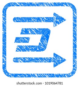 Dash Send Arrows rubber seal stamp imitation. Icon vector symbol with grunge design and unclean texture in rounded square frame. Scratched blue sticker on a white background.