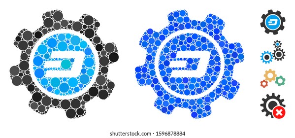 Dash settings gear composition of round dots in various sizes and color tones, based on Dash settings gear icon. Vector round dots are grouped into blue composition.