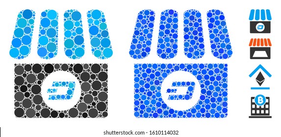 Dash shop composition of filled circles in different sizes and color tones, based on Dash shop icon. Vector filled circles are composed into blue mosaic.