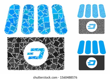 Dash shop mosaic of irregular parts in variable sizes and color hues, based on Dash shop icon. Vector joggly parts are organized into illustration. Dash shop icons collage with dotted pattern.