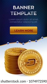 Dash. Stack of golden coins with Dash symbol. Cryptocurrency editable banner template. 3D isometric Physical golden coins. Crypto currency. Stock vector illustration.