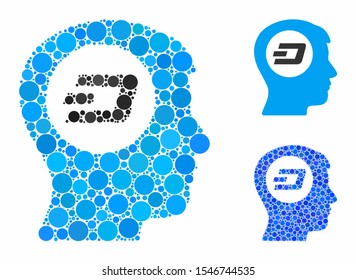 Dash think mosaic of circle elements in various sizes and color tints, based on Dash think icon. Vector filled circles are combined into blue mosaic. Dotted Dash think icon in usual and blue versions.