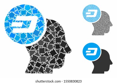 Dash thinking head mosaic of ragged elements in various sizes and color tinges, based on Dash thinking head icon. Vector tremulant elements are composed into mosaic.